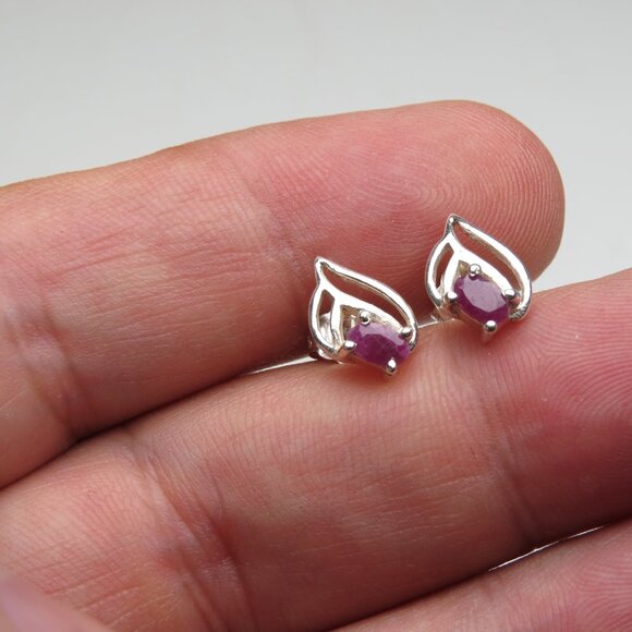 *925 Sterling Silver Genuine Ruby Earring Studs - Picture 2 of 5
